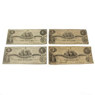 1861 $5 Confederate States of America Currency Notes Lot of 4 #C876 5