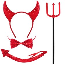 4 Pieces Sequin Devil Costume Set Horn Headband Tail Bowtie Fork Accessory