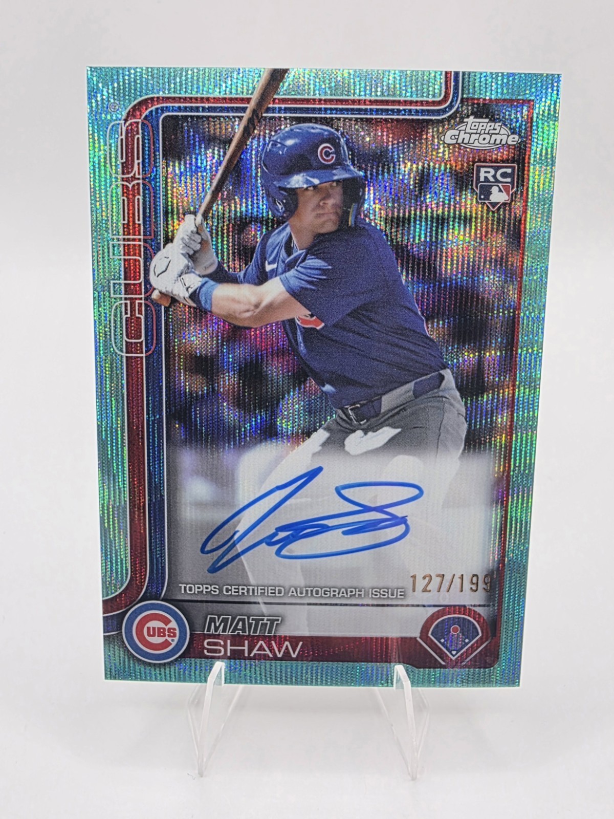 2025 Topps Chrome Matt Shaw On Card True RC Rookie Aqua Wave Auto /199 Cubs