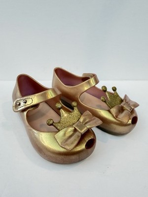 Mini Melissa Little Girls Mary Jane Jelly Shoes Size 8 Princess Crown Tiara Gold