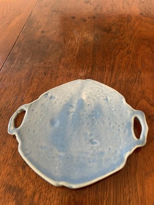 Small Trinket Candy Jewelry Handmade Pottery Blue Glaze w/Handles Marked 7.5''