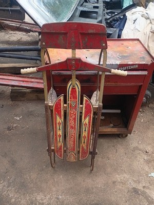 Steerable Vintage-Style Snow Sled, Wood & Metal Runners, Red Beige Blue