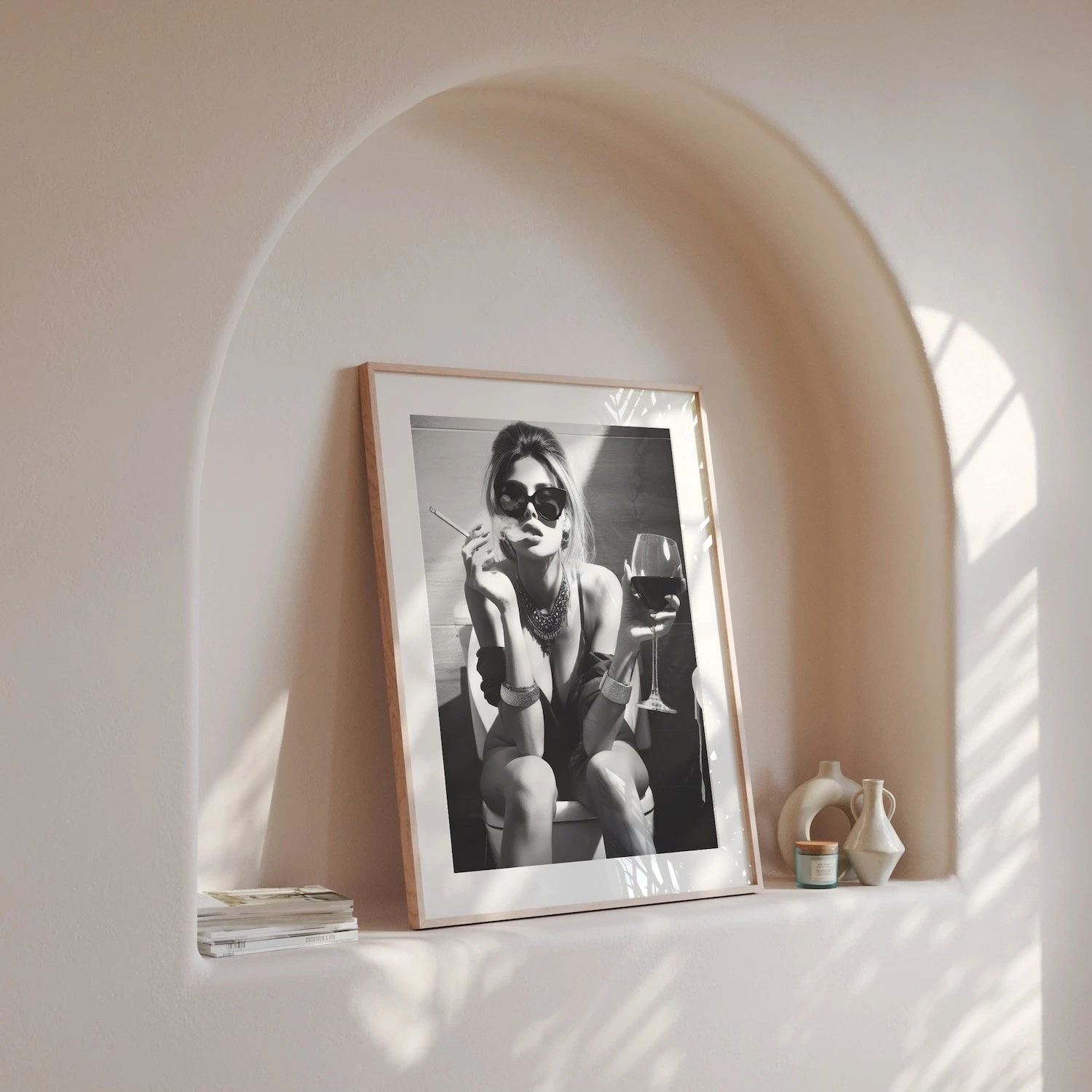 Girl on Toilet Wall Art – Woman Drinking Wine Poster, Funny Bathroom Print