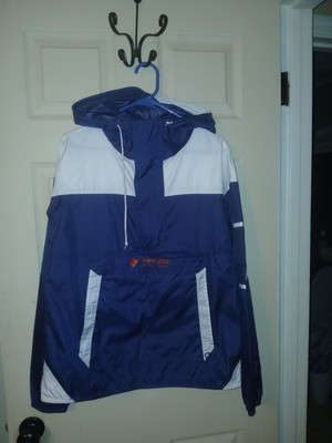 Columbia White & Blue Packable Hooded Pull Over Wind Breaker