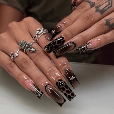 48 Pieces of Dark Brown Leopard Print Cool Fake Nails - Removable Nail Art