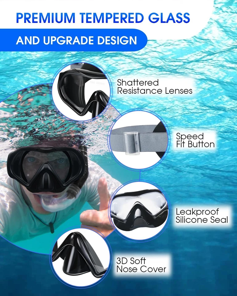 Gafas de Natación Buceo Snorkel Mascarilla para Adultos, Vidrio Templado con Panorámica Foto 2 de 4