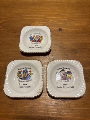 Dickens Characters Set of 3 Ashtrays David Copperfield White Gold