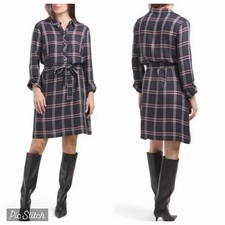 NWT Tommy Hilfiger Navy Blue Plaid Belted Shift Shirt Dress Embroidered Sz 6 99