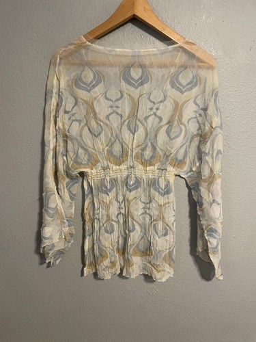 Vintage Womens Top Medium Abstract Print Silk Sheer Babydoll Flare Slv Fairy Y2K - Picture 3 of 6