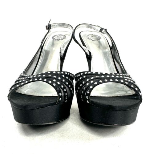 I Miller Women Size 9.5 Black Fabric Rhinestones High Heel Platform Sandal Shoe - Picture 2 of 10
