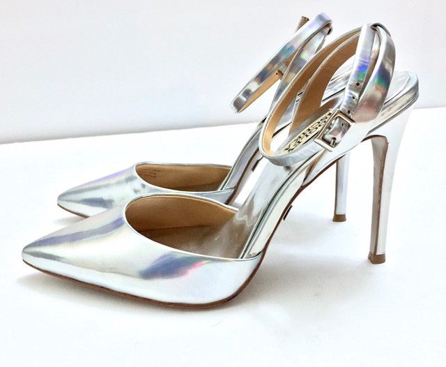 silver pointed toe heels with ankle strap