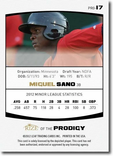 MIGUEL SANO 2012 Rize Rookie PINK Paragon PRODIGY RC #/200 - Image 2 of 2