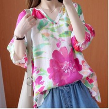 Blusa Donna Etnica Stampata A Fiori Manica Larga Collo A V Pullover Casual