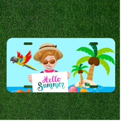Custom Personalized License Plate Tag With Hello Summer Palm Trees And Parrot