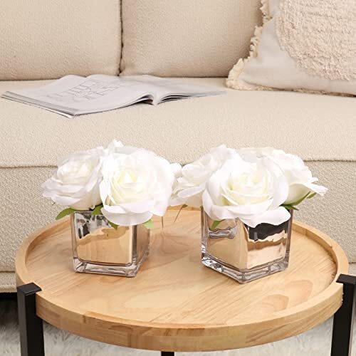 Fake Flowers with Vase, Silk Roses Artificial Flowers in Vase, 2 Pack