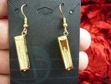  M-329-J little Hohner HARMONICA dangle Earrings pair JEWELRY 24k gold plated