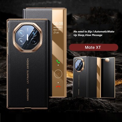 Luxury Smart View Genuine leather Flip Cover Case For Huawei Mate XT Ultimate
