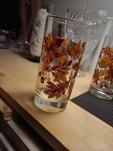 Vintage Libbey Crisa Fall Leaves/Acorn 16 oz Highball Drinking Glasses