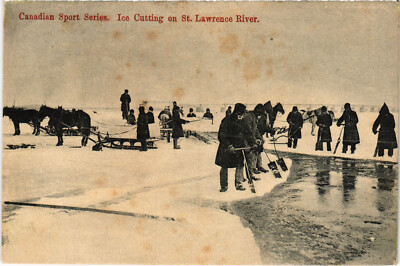 PC CANADA, ICE CUTTING ON ST LAWRENCE RIVER, Vintage Postcard (b54570)