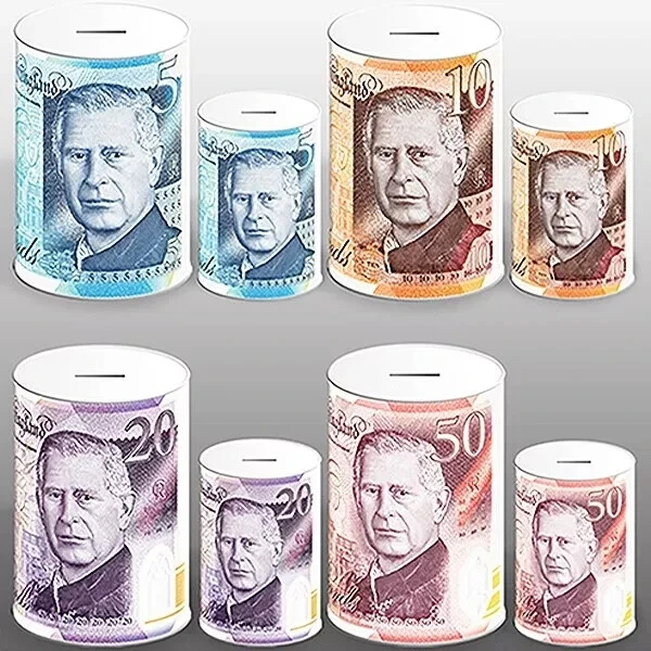 £5 £10 £20 £50 Pound Note Design Kids Money Box Tin Saving Cash PIggy Bank Box - Image 2 of 2