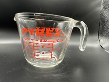 Pyrex Vintage #508 One Cup / 8oz Glass Measuring Cup w/ RED Lettering Metric USA