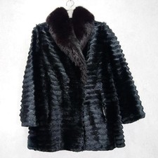 DING DONG Women's Black Real Fur Coat Fox Fur Collar Jacket Size 13 Authentic