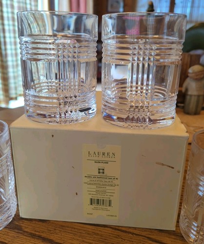 NEW w/TAGS Ralph Lauren Signed Glen Plaid Crystal Old Fashioned Whiskey Set of 4 - Picture 3 of 11