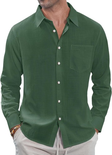 Linen Button Down Shirt for Men - Summer Casual Long Sleeve with Chest Pocket - Picture 22 of 50