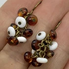 Vtg Milk Amber Art Glass Earrings Brown White Bead Waterfall Brass Hook Dangle