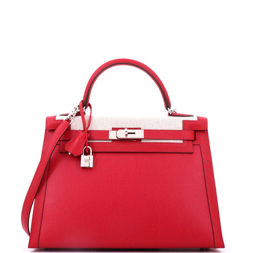 Hermes Kelly Handbag Red Berline Vache Canvas with Swift and Toile