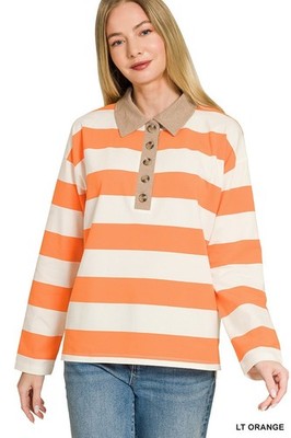 Zenana Striped Contrast Collar Polo Top - Lt. Orange - Medium