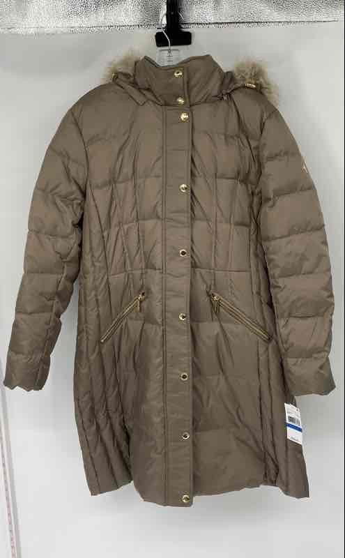 Michael Kors Womens Brown Faux Fur Trim Long Sleeve Hooded Puffer Coat Size XL