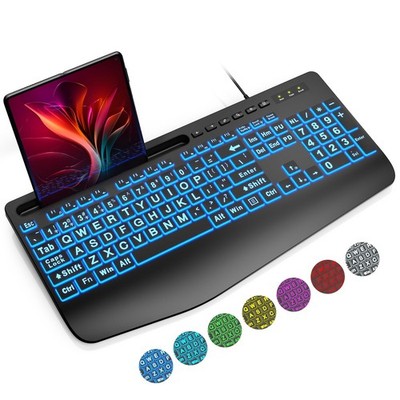 K21 Pro Large Print Backlit Keyboard, Wired USB Computer Keyboards with 7-Col...