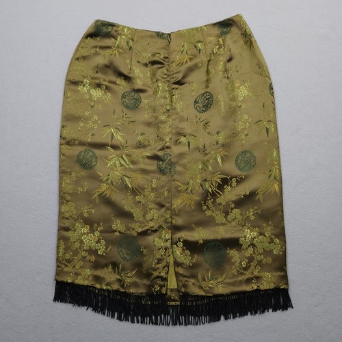 Vintage Clio Skirt Womens 8 Green Embroidered Satin Midi Oriental Fringe 90s Y2K - Picture 6 of 13