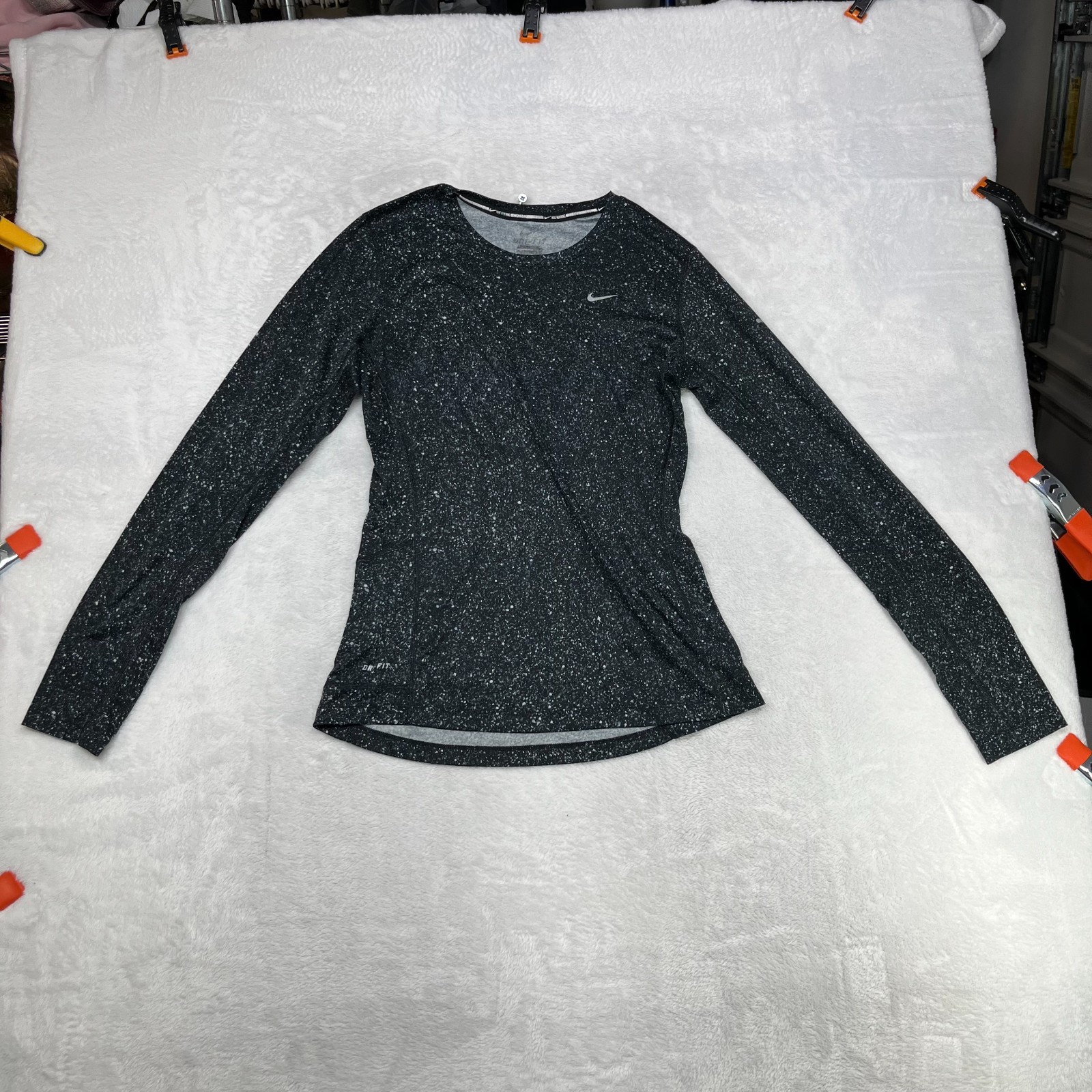 Nike Dri-FIT Running Shirt Women's Black White Speckled Print Long Sleeve Sports