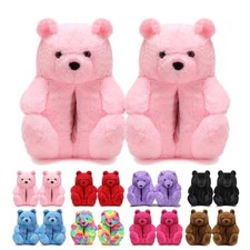 Women's Christmas Teddy Bear Slippers,Winter Fuzzy 7-11 Women/6-10 Men A01-pink