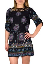 Bohemian Paisley Waist Tie Caftan Floral Mini Dress Black Purple Large