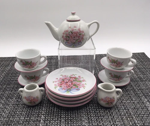Vtg Reutter Porzellan Germany Child Tea 16pc Set Pink Apple Flowers Bouquets