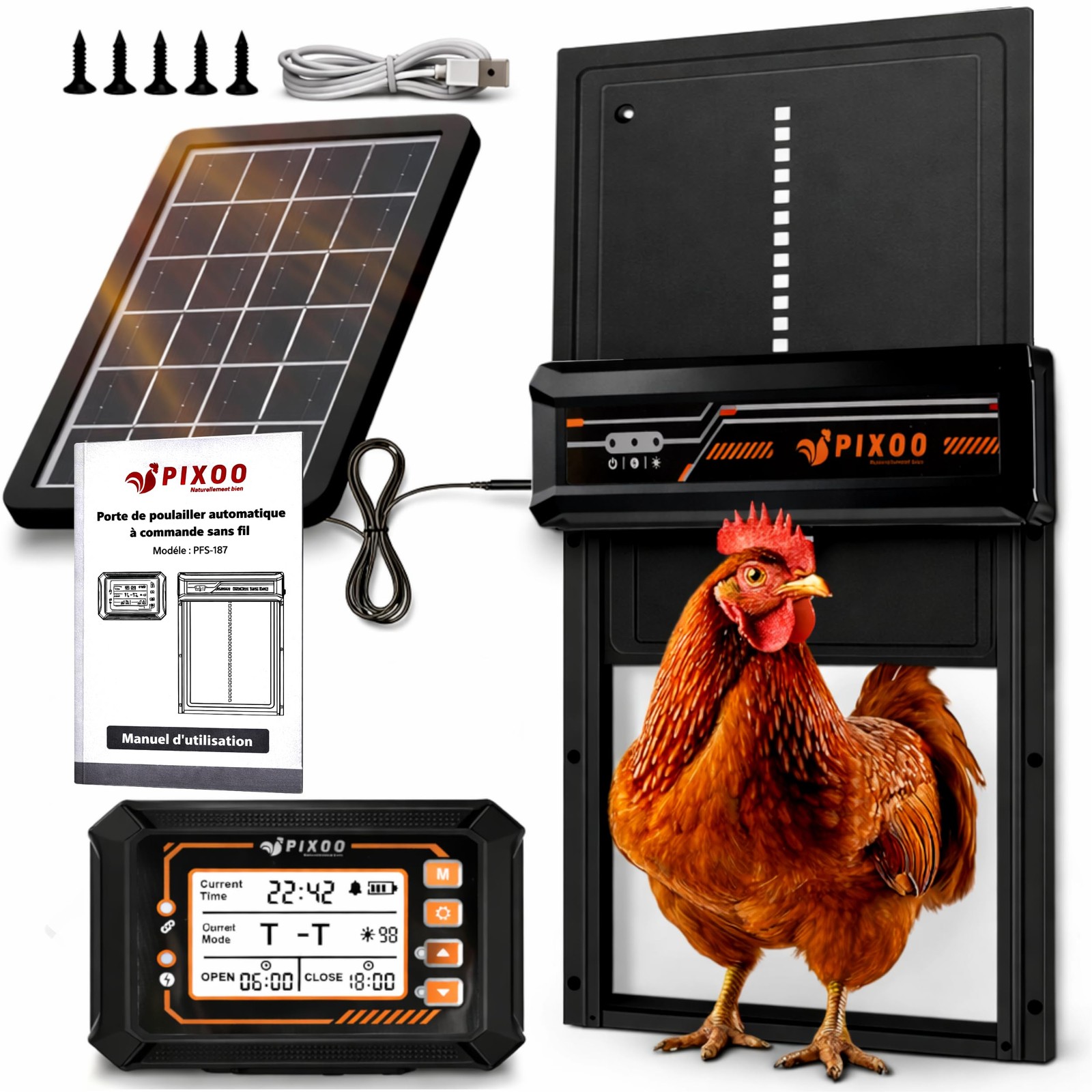 Porte poulailler automatique solaire anti-renard avec ouverture 4 modes programmables