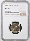 1938 D Buffalo Nickel 5C NGC MS 66 Great Eye Appeal Nice Golden Toning & Luster