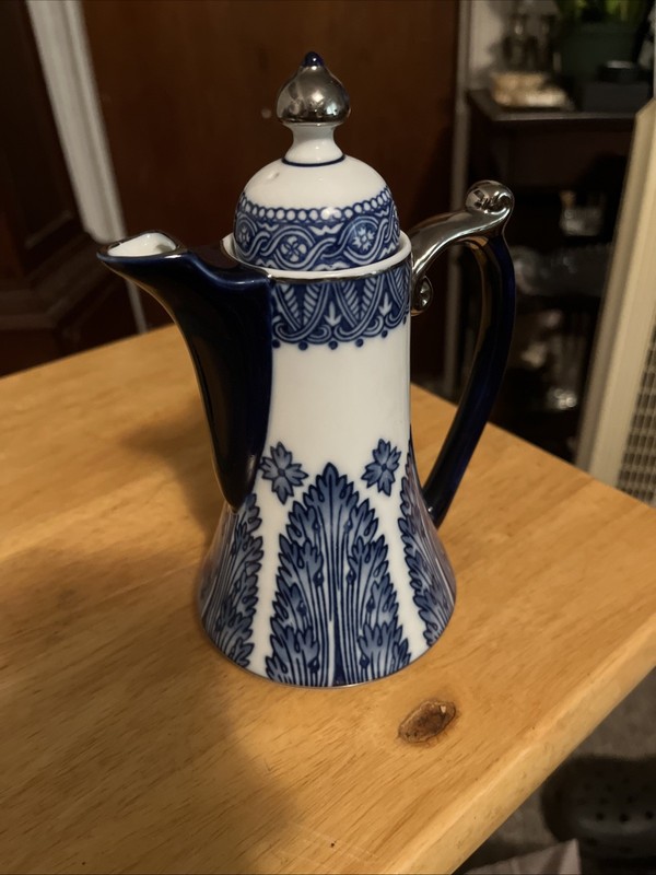 Small Bombay Grace Cobalt Blue and White Coffee Pot 7.5 " tall 