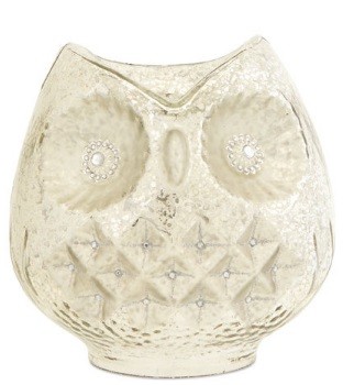 Melrose 8" White Silver Woodland Mercury Glass Owl Bird Pillar Candle Holder