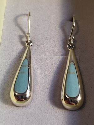 Vintage Larimer 925 Mexico Sterling Silver Turquoise Teardrop Earrings 1 3/4''