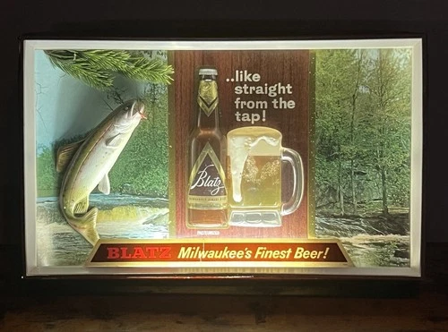 RARE VTG 1960s BLATZ Beer 3D TROUT FISHING Advertising Bar Light Sign Shadow Box