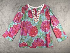 Lilly Pulitzer Blue Pink Floral Tunic Size L Embellished Neck Line Resort Top