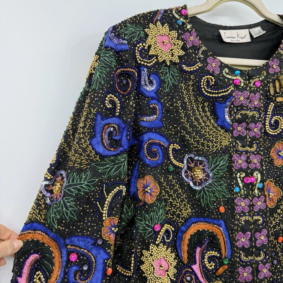 Chaqueta Floral Laurence Kazar Vintage Años 80 Lentejuelas Pesadas Cuentas Rara XL Foto 4 de 4