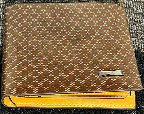 PIDENGBAO Men’s Slim Bifold Wallet Genuine Leather Check Brown/Tan Logo