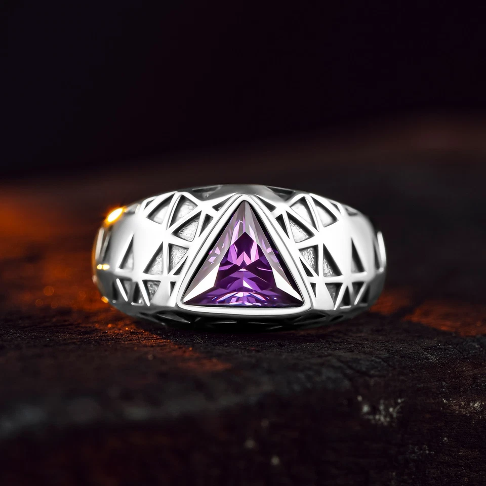 Anillo de plata de ley 925 con piedra de amatista púrpura triángulo para hombre Foto 2 de 4