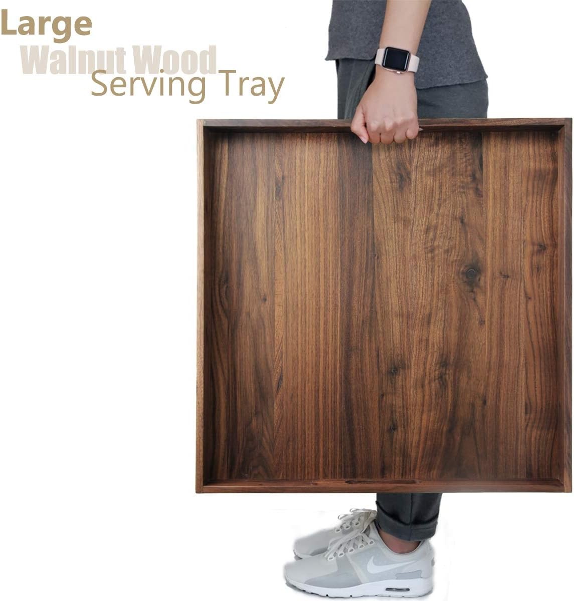 19 x 19 Inches Large Square Black Walnut Wood Ottoman Tray with 