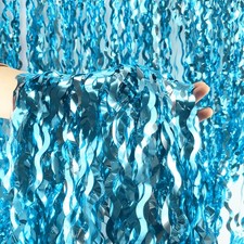 Wavy Tinsel Foil Fringe Curtains Teal Blue Streamers Backdrop for Ocean Theme